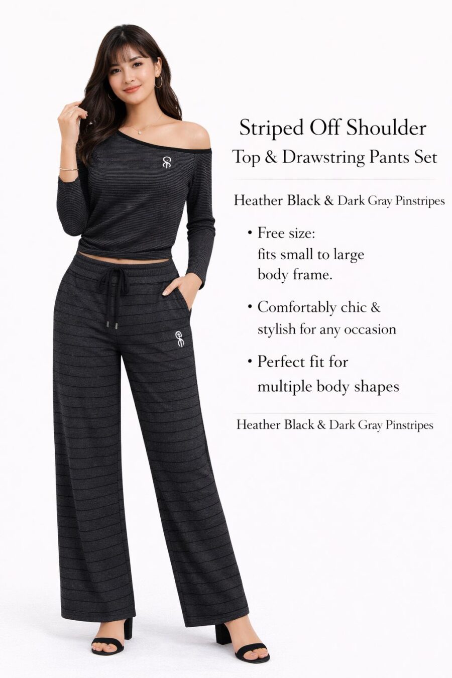 Striped Off-Shoulder Top & Drawstring Pants Set