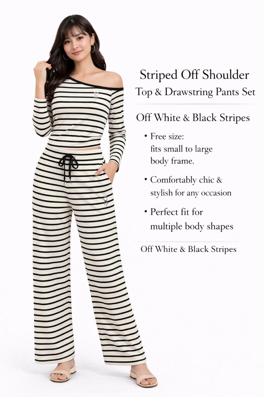 Striped Off-Shoulder Top & Drawstring Pants Set
