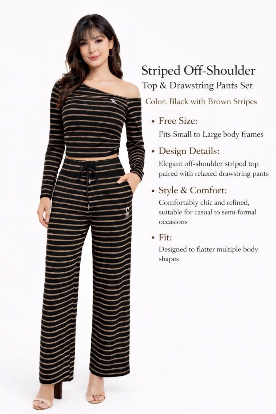 Striped Off-Shoulder Top & Drawstring Pants Set