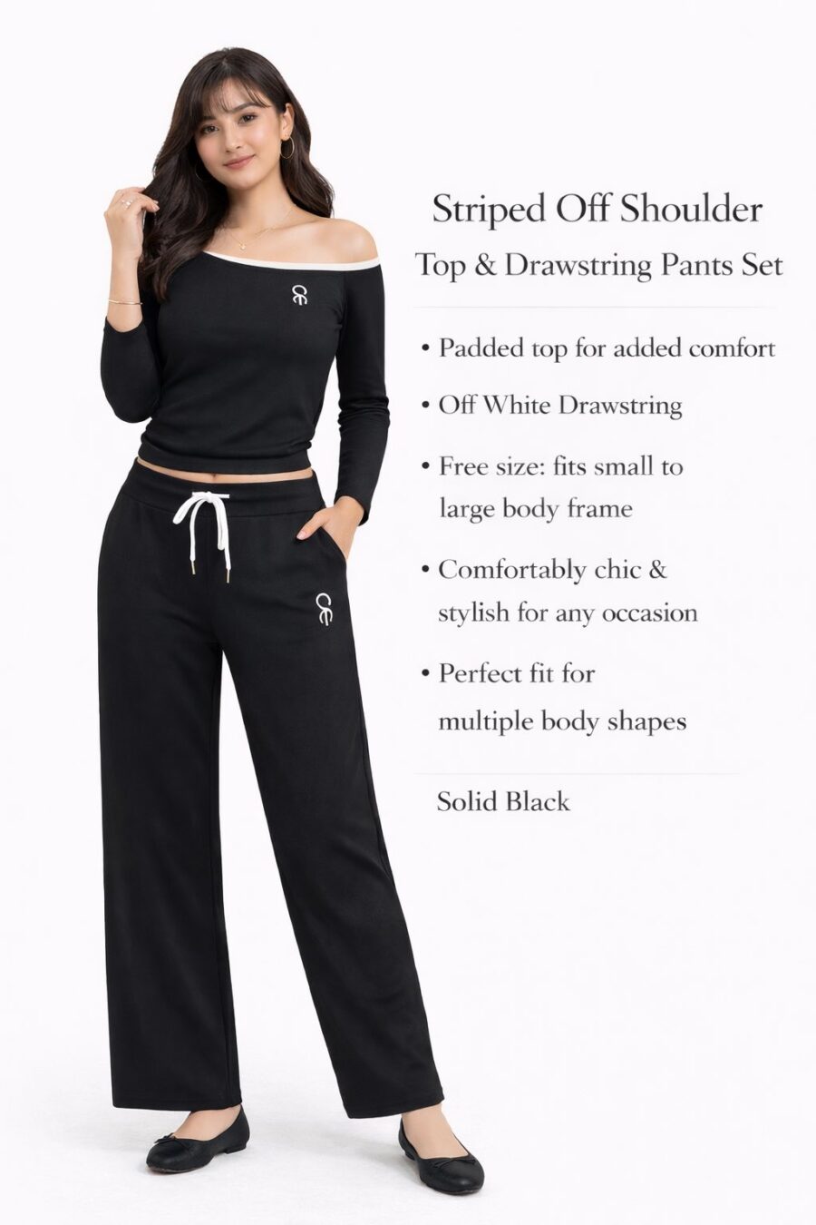 Striped Off-Shoulder Top & Drawstring Pants Set